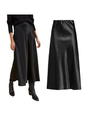 NEW Satin Maxi Skirt Sz.M Black Elastic Waist A-Line Classic Goth